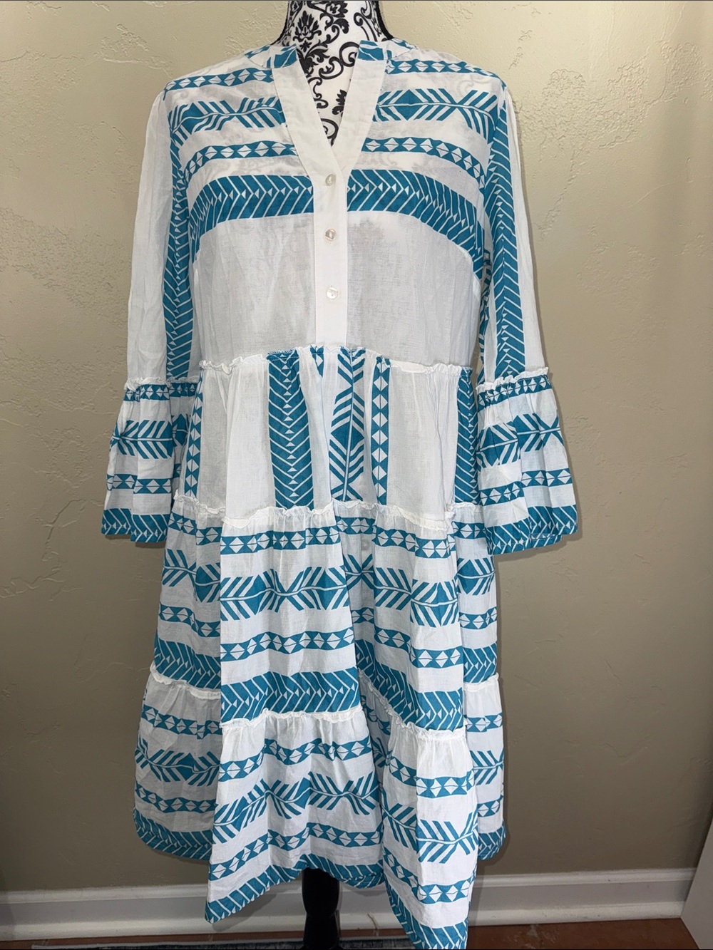 Attic Salt Blue & White Cotton Tiered V-Neck Boho Midi Dress Coastal Aztec XL - Picture 2 of 13